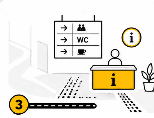 Schematische Darstellung: Empfangstresen mit Informationsschild, WC-Hinweis und Bodenleitsystem.