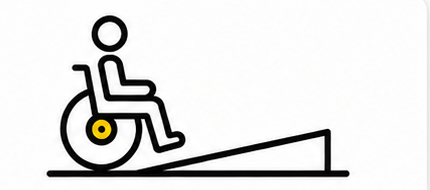 Symbol: Person im Rollstuhl auf einer Rampe.
