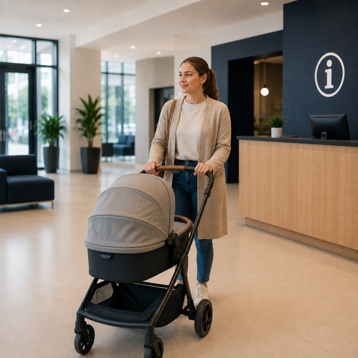 Frau mit Kinderwagen in einem hellen Gebäudefoyer vor dem Empfangsbereich.
