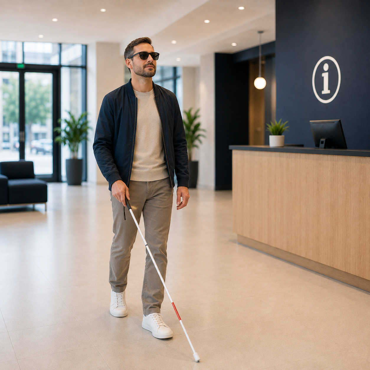 Mann mit Sonnenbrille und Blindenlangstock in einem hellen Gebäudefoyer mit Empfangstresen.