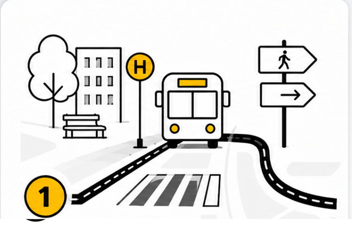 Schematische Darstellung: Haltestelle mit Bus, Zebrastreifen und Wegweisern entlang einer Route.
