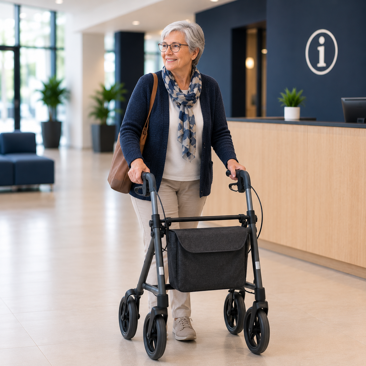 Ältere Frau mit Rollator in einem hellen Gebäudefoyer vor dem Empfangsbereich.
