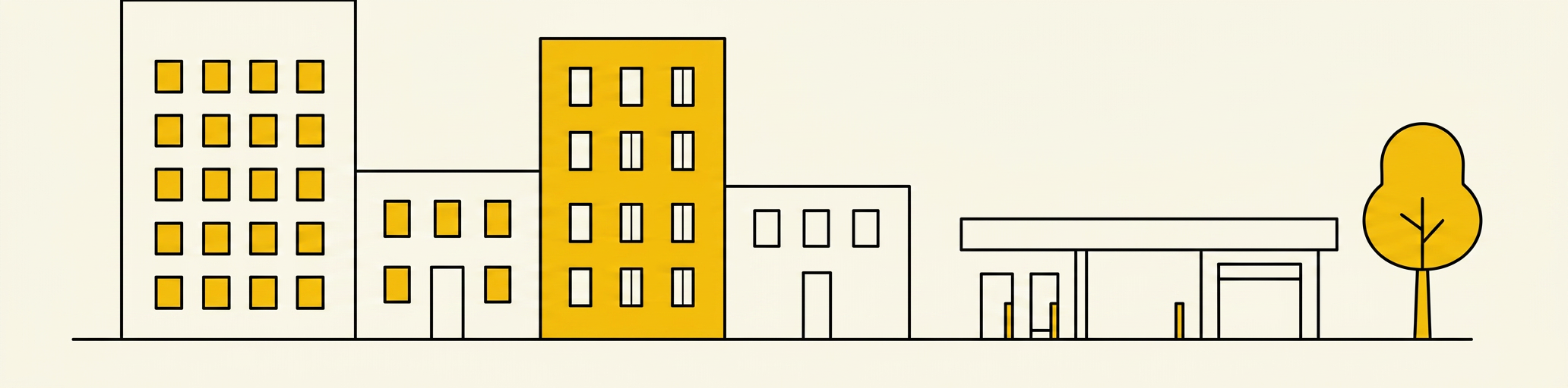 Schematische Häuserzeile, in der ein Gebäude gelb hervorgehoben ist.
