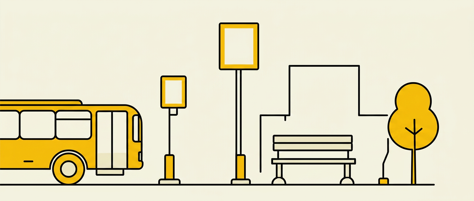 Schematische Straßenszene mit Bus, Haltestelle, Sitzbank und Hinweisschildern.