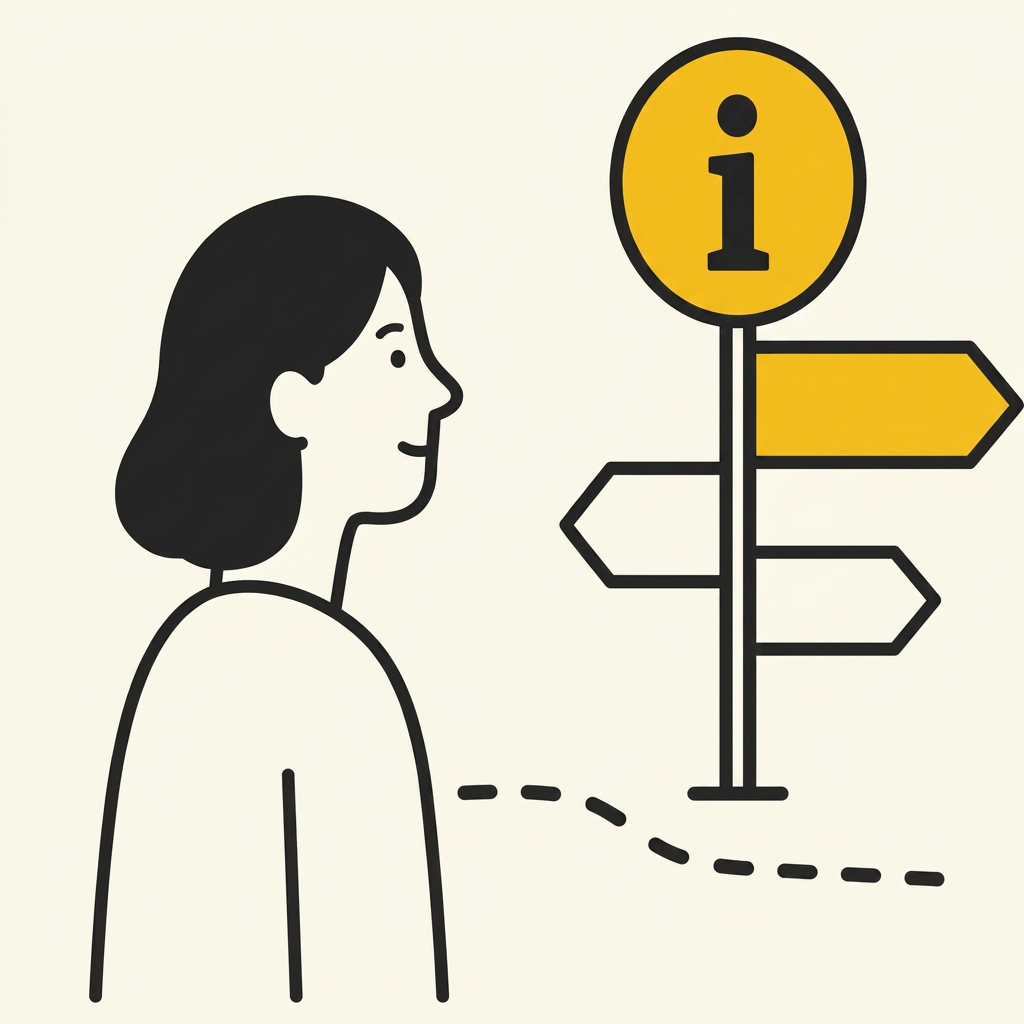 Schematische Darstellung: Eine Person steht vor einem Wegweiser mit Informationszeichen.